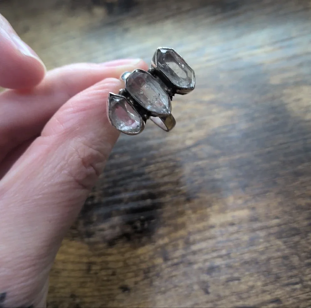 Sterling Silver Triple Raw Cut Herkimar Diamond Ring